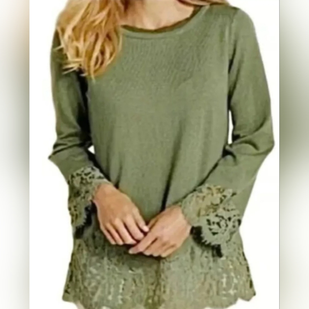 Soft Surroundings Tunic Sweater Shirt Green Lace Trim Wool Relaxed Fit M